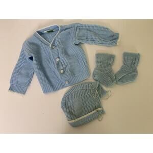 Vintage Cardinal Baby Boys Blue Knit Button Cardigan Hat Booties 3 PC SEE DESC